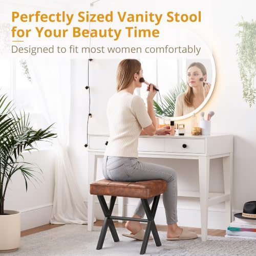LUE BONA Vanity Stool, Square Faux Leather Makeup Stool with Metal X Legs, Small Ottoman Stool Chair for Vanity, Modern Padded Vanity Seat Foot Rest Stool for Makeup Room, Living Room, Reddish Brown