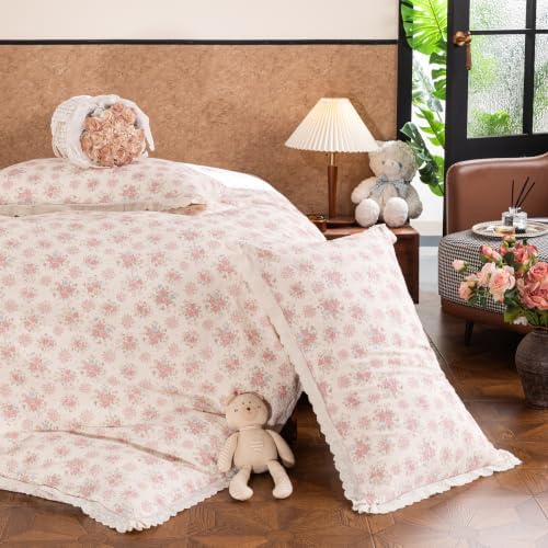 Floral Duvet Cover Queen Pink Flower Bowknot Lace Ruffle Duvet Cover Set Country Vintage Farmhouse Bedding Set for Girls Kids Textured Seersucker Reversible Comforter Cover 3 Pcs