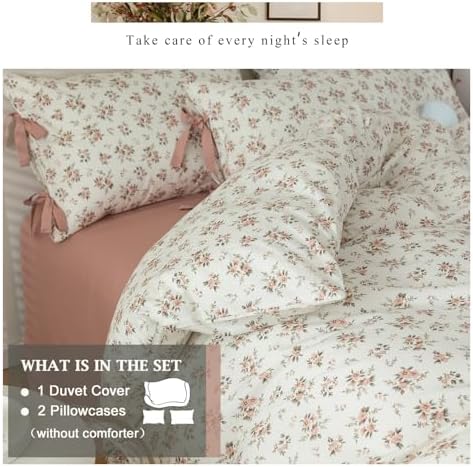Peach Flower Bedding Set King Chic Girls Floral Duvet Cover with Zipper Closure 100% Cotton Blush Pink Comforter Cover Set(3 pcs,104x90)