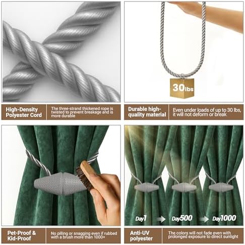 Hion Magnetic Curtain Tiebacks Grey 2pcs, Curtain Holdbacks Hooks Holders