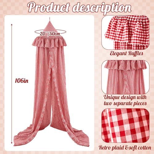 SmoothNovelty Gingham Plaid Bed Canopy, Red White, Round