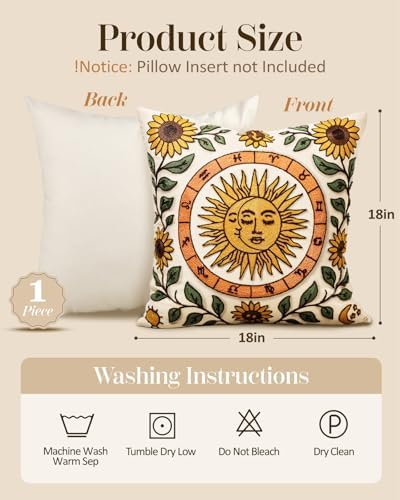 Embroidered Throw Pillow Cover 18x18 Inch, Sunflower Moon