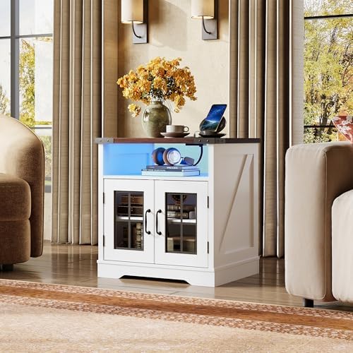WLIVE Farmhouse End Table with Charging Station & LED Light for Living Room