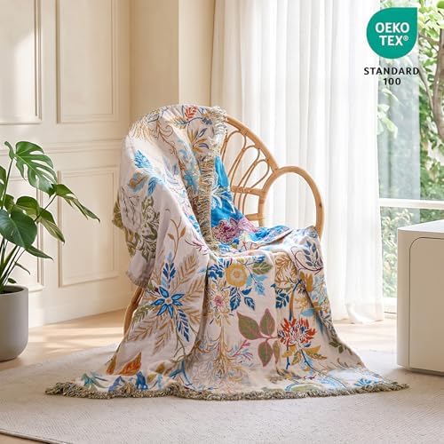 MSGKV Boho Throw Blanket 50"x60" 100% Cotton Throw for Couch Sofa Bed