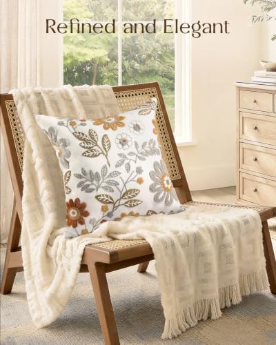 Fall Embroidered Throw Pillow Cover 18x18 Inch, Amber Blooms