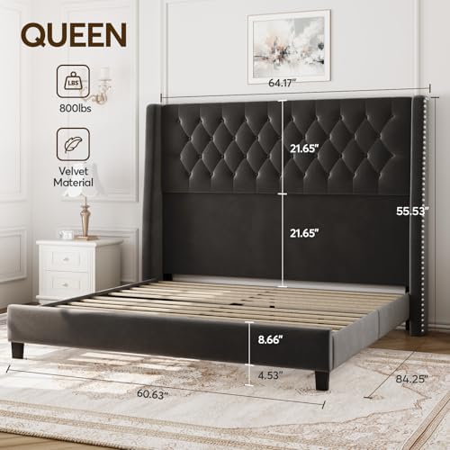 Queen Upholstered Bed Frame, 55.4'' Tall Headboard with Wingback