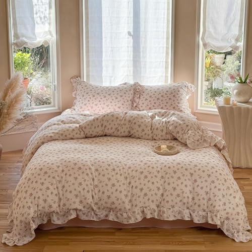 Pink Floral Muslin Duvet Cover Full with Ruffles,Tuberose,No Pillows