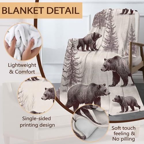 Forest Bears Fall Throw Blanket,Vintage Animal Cozy Plush Fluffy Blanket for Living Room Decor,Lightweight Fleece Throws for Couch,Bed,Traveling,Naps,Reading,60 X 80 Inch