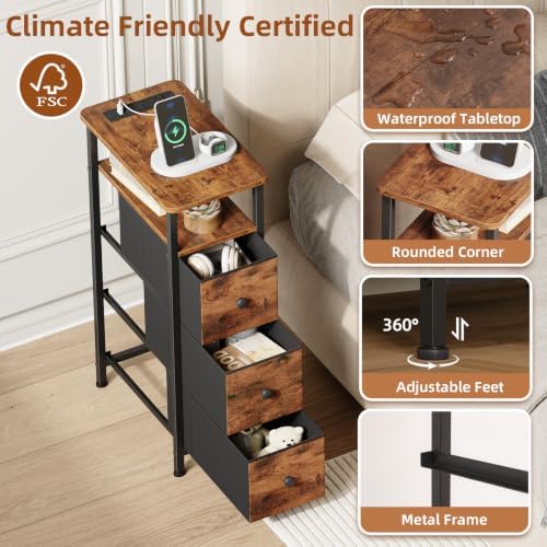 Somdot Narrow End Table Set of 2, Charging Station, Side Table, 3 Drawers