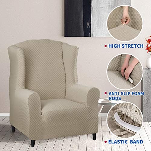 MAXIJIN Wingback Chair Covers 1-Piece Stretch Wing Chair Covers Soft Thick Wingback Armchair Slipcover Non-Slip High Back Chair Furniture Protector Washable (Wing Chair, Khaki)
