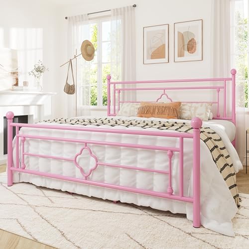 Allewie King Size Metal Platform Bed Frame, Victorian Headboard, Pink