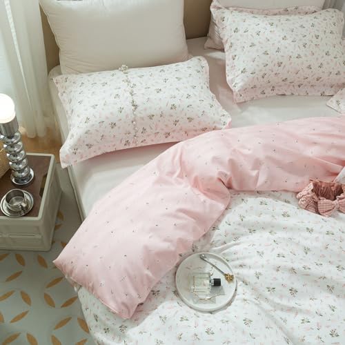 Pink Floral Duvet Cover Set 100% Cotton Full(80"x90"),White Pink