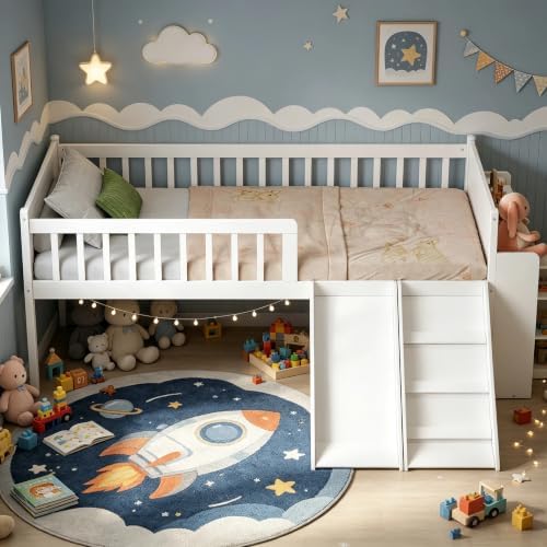 SOFTSEA Twin Size Low Loft Bed with Slide and Guardrails, Wood Loft Bed Frame with Storage Shelves for Kids, White