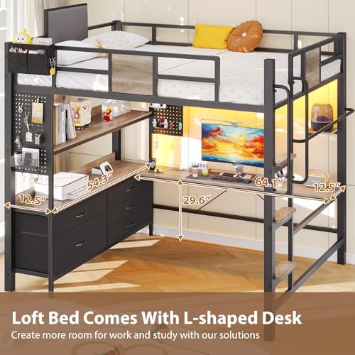 Full Loft Bed with Desk and 5 Storage Drawers, Oak Gray