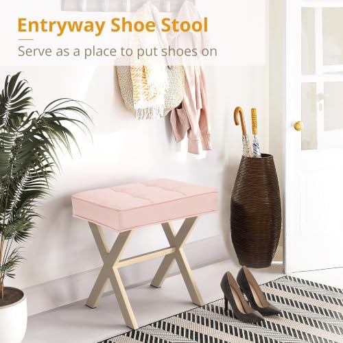 LUE BONA Vanity Stool, Square Linen Makeup Stool with Metal X Legs, Small Ottoman Stool Chair for Vanity, Modern Padded Vanity Seat Foot Rest Stool for Makeup Room, Bathroom, Pink Color