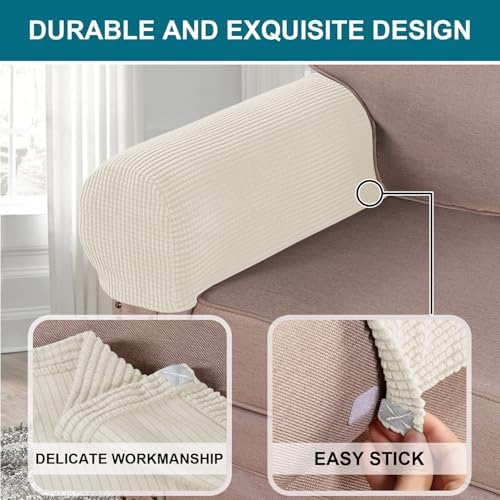 Turquoize Stretch Armrest Covers for Chairs and Sofas Couch Arm Covers for Sofa Spandex Jacquard Armrest Cover Anti-Slip Furniture Protector Armchair Slipcovers for Recliner Set of 2, Cream