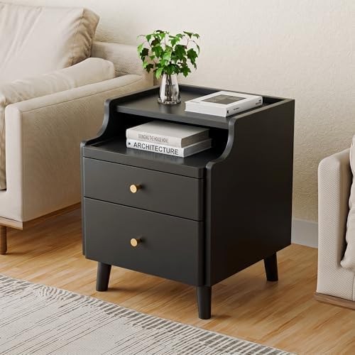 Nightstand with Drawers, Pre-Assembled, 19.7" H Natural Solid Wood Night Stand with Open Sliding Shelf, Mid Century Modern Small Bedside Table Cabinet for Bedroom, Black 16"