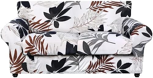 SearchI Stretch Sofa Cover Printed Couch Cover, Floral Pattern 3 Pieces Loveseat Slipcover with 2 Separate Cushion Cover, Washable Furniture Protector for Living Room(Loveseat, Maple Leaf Pattern)
