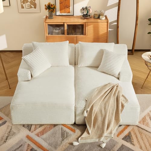 66" Chaise Lounge Chair Indoor, Corduroy Upholstered Reading Chair Oversized Boneless Chair with Deep Seat, Cloud Lounge Chair with 3 Pillows for Living Room, Bedroom, No Assembly Required