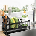 Cisily Sponge Holder for Kitchen Sink, Sink Caddy Organizer with High Brush Holder, Kitchen Countertop Organizers and Storage Essentials (Black Shelf with Stone Tray, Small)