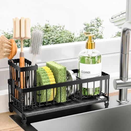Cisily Sponge Holder for Kitchen Sink, Sink Caddy Organizer with High Brush Holder, Kitchen Countertop Organizers and Storage Essentials (Black Shelf with Stone Tray, Small)