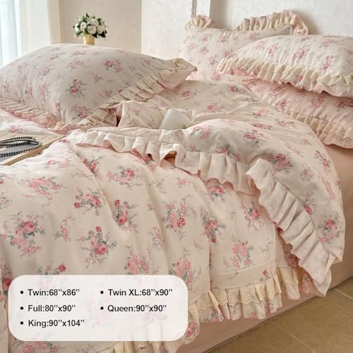 Boho Floral Duvet Cover Set Queen Size 3 Pcs,Pink Flower 100% Cotton Muslin Gauze Bedding Set with Lace Ruffles,Breathable Lightweight Comforter Covers with 2 Pillowcases 90"×90"