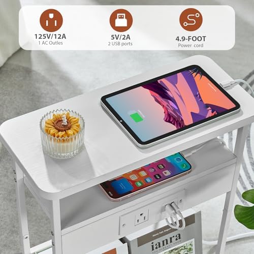 Narrow Side Table with Charging Station Small Spaces Narrow End Table