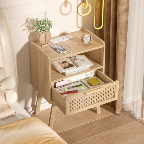 Lerliuo Rattan Nightstands Set of 2 with Charging Station, Boho Night Stand