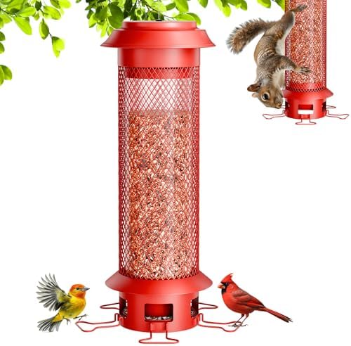 Heavy-Duty Squirrel Proof Bird Feeder, Removable Tray for Easy Cleaning, Weight-Activated Cage, 5 Perches, 4 Lb Capacity, Tube Metal Bird Feeder for Outdoors Cardinals, Finches