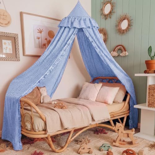 SmoothNovelty Gingham Plaid Bed Canopy, Blue White, Round