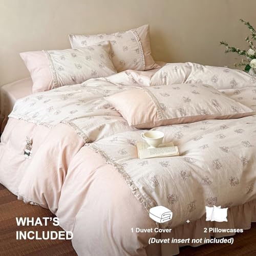 Queen Size Duvet Cover Set 3 Pcs,Cotton Linen Floral Bedding 90"×90"