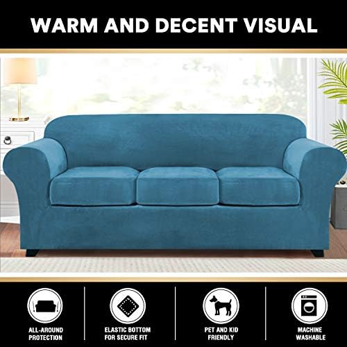PrinceDeco Velvet Couch Covers for Sofa Soft 4 Pieces Couch Covers for 3 Cushion Couch Sofa Pet Friendly Furniture Protector with Non Slip Elastic Bottom Width Up to 90 Inch (Large, Blue)
