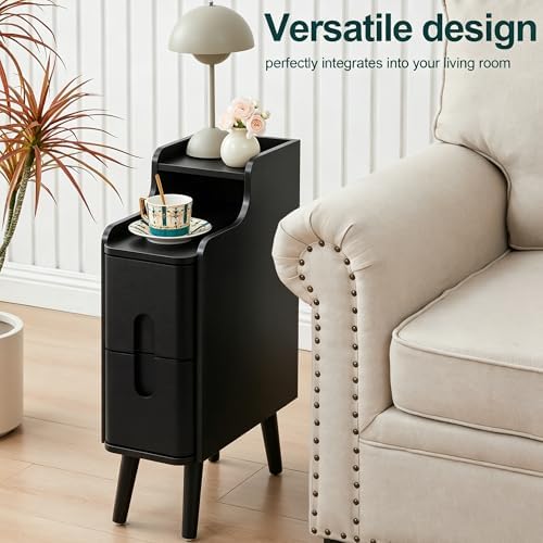 Narrow Nightstand Set of 2, Wood 2 Drawer Small Nightstand, Slim Side Table, Modern Skinny End Bedside Table, Natural Wood Night Stand with Drawers for Bedroom (Black-2 pc)