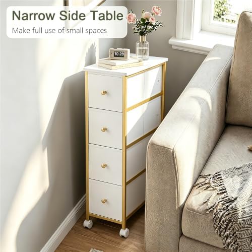 Narrow Side Table with 4 Fabric Drawer, Slim BedsideTable for Bedroom