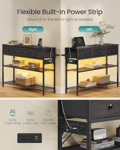 SONGMICS Console Table with Power Outlets and LED Lights, 3 Fabric Drawers
