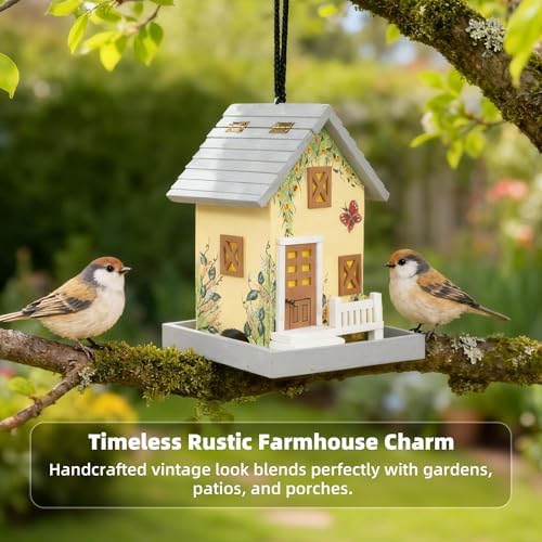 MEWANG Colorful Hanging Wooden Bird House Feeder, Light Yellow