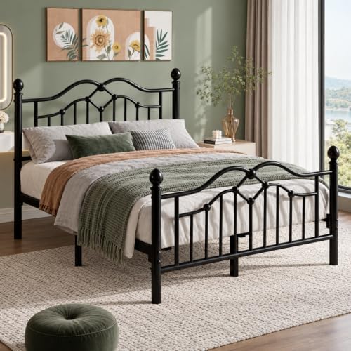 Queen Size Bed Frame with Victorian Headboard & Footboard, Black