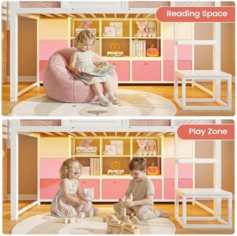 Low Loft Bed Twin Size with 9 Storage Drawers, Bookcase and LED Lights, House-Shaped Metal Twin Loft Bed with Step Stool and Safety Guardrail, Kids Loft Bed with Under-Bed Play Space, White