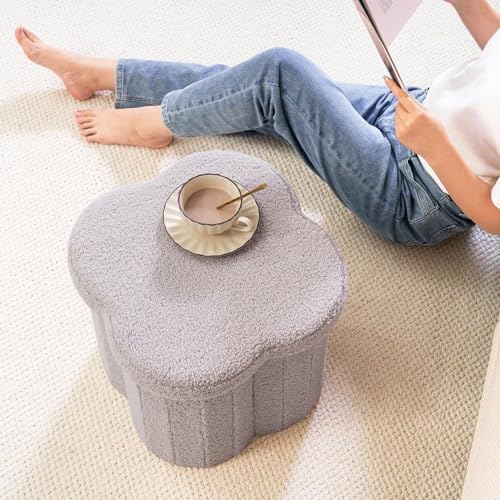 B FSOBEIIALEO Storage Ottoman Cube, 15" Flower Shaped Ottomans, Grey