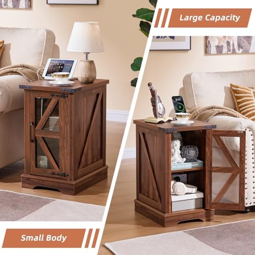 Joaxswe Narrow Night Stand Set 2 with Charger Station, Glass Barn Door