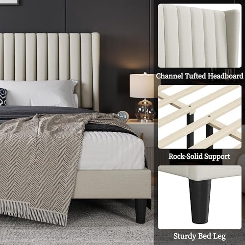 Yaheetech King Bed Frame with Headboard, Ivory Channel-Tufted Platform