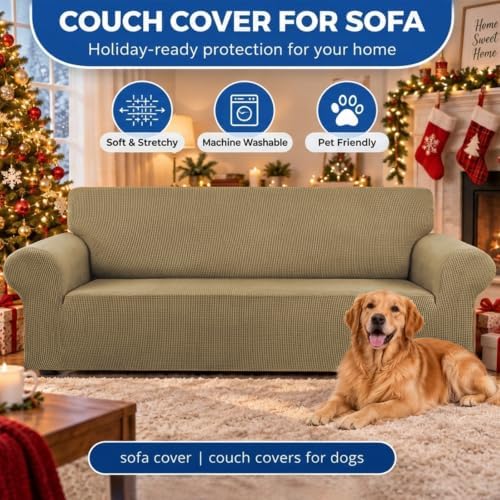 KEKUOU Stretch Couch Covers for Sofa, 3 Cushion Couch Slipcover,Tan