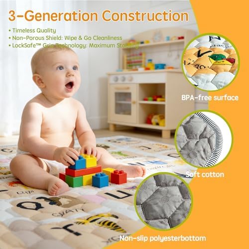 ENVTEK Baby Play Mat for Floor Playpen - 50" X 50" Playpen Mat,Thick One-Piece Crawling, Odorless Floor Mat, Non-Slip Cushioned Baby Playmat for Infants,Babies,Toddlers. Foldable and Machine Washable