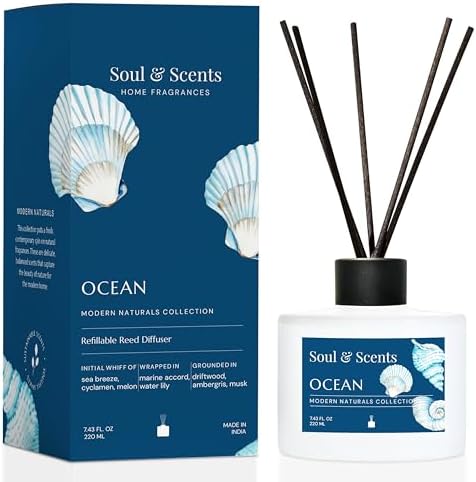 Soul & Scents Reed Diffuser Set – Ocean | 7.43 oz Refillable Scented Oil with 6 Fiber Sticks | Long-Lasting Home Fragrance & Air Freshener for Bedroom, Bathroom, Office | Gift & Décor Piece