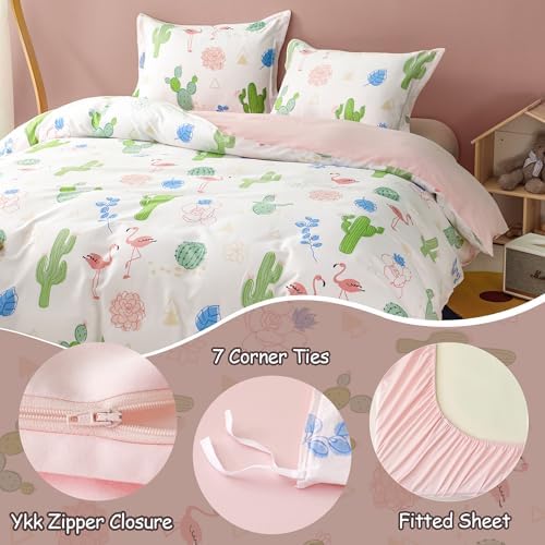 Simple&Opulence 100% Organic Cotton Duvet Cover for Kids Teens, 4 Pieces Soft Comforter Cover with Zipper Closure Warm Adorable Flamingo Bedding Set - Cactus, Full/Queen