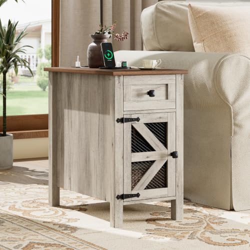 Farmhouse End Table with Charging Station,Narrow Side Tables with Storage