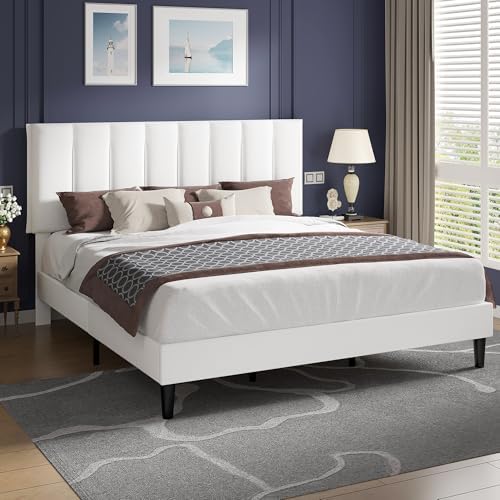 VECELO King Size Bed Frame with Upholstered Headboard, White