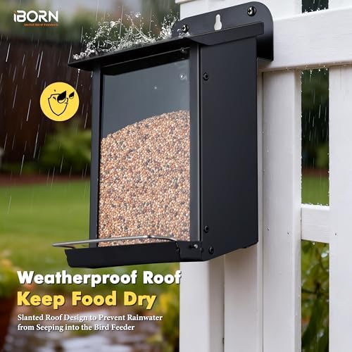 iBorn Bird Feeder for Outdoors, Wall Mounted Bird Feeder Weatherproof Metal Roof, Heavy Duty Metal Birdfeeder for Tree, Fence, Wall Screwed-in Mounting, All Detachable Easy Clean,1.3Lbs, Black