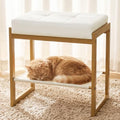 White Gold Vanity Stool, Vanity Chair Stools with a Lower Storage Shelf, Faux Leather Upholstered Ottoman Bench for Bedroom, Living Room, Modern Metal Legs Makeup Chairs