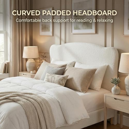 Garvee Bouclé Queen Size Bed Frame with Upholstered Headboard, White